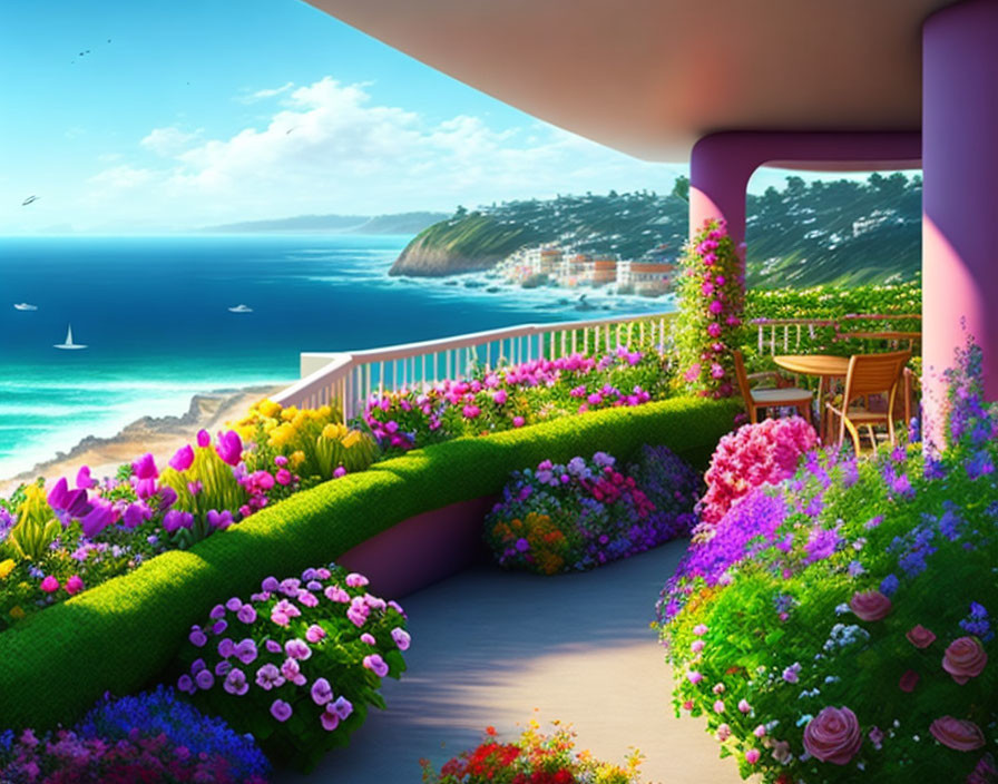 Scenic coastal town terrace garden with vibrant flowers