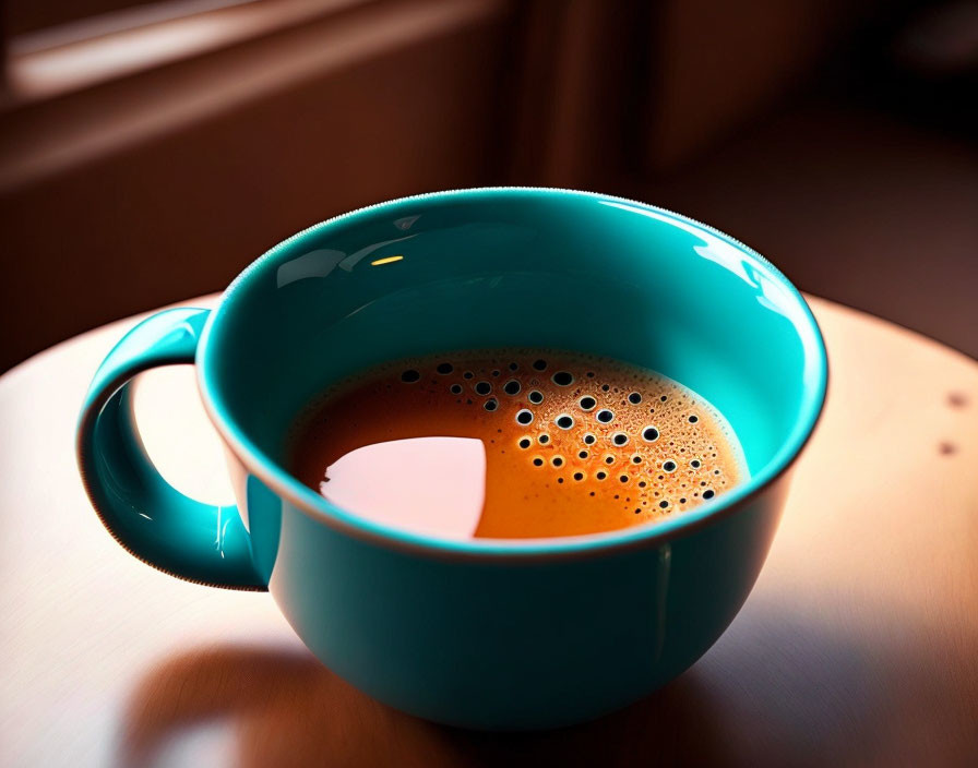 Turquoise coffee cup with black coffee on wooden surface under sunlight