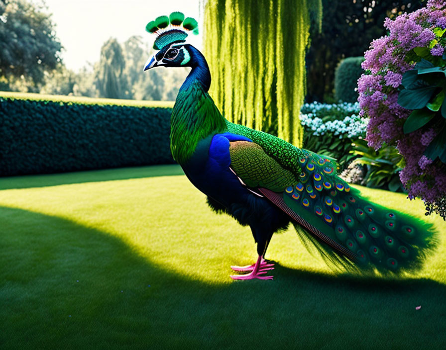 Colorful peacock in lush garden with green grass and purple flowers