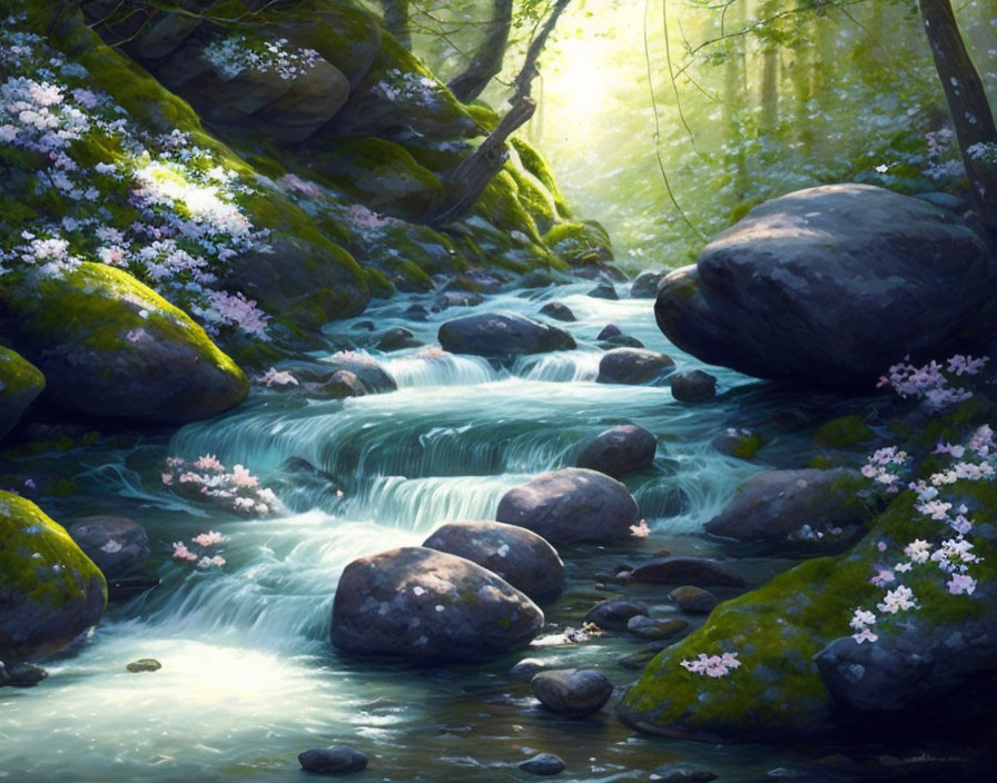 Tranquil forest stream with sunlight, flowing water, rocks, and blooming flowers