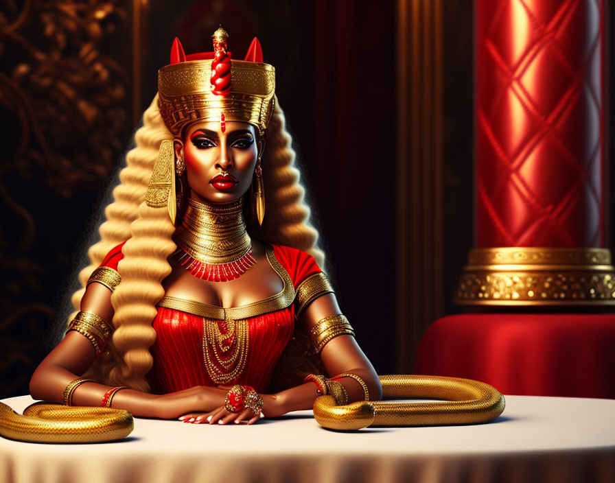 Regal queen with golden jewelry and snake in luxurious chamber