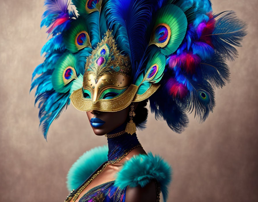 Elaborate peacock feather mask and costume in vibrant blues and greens