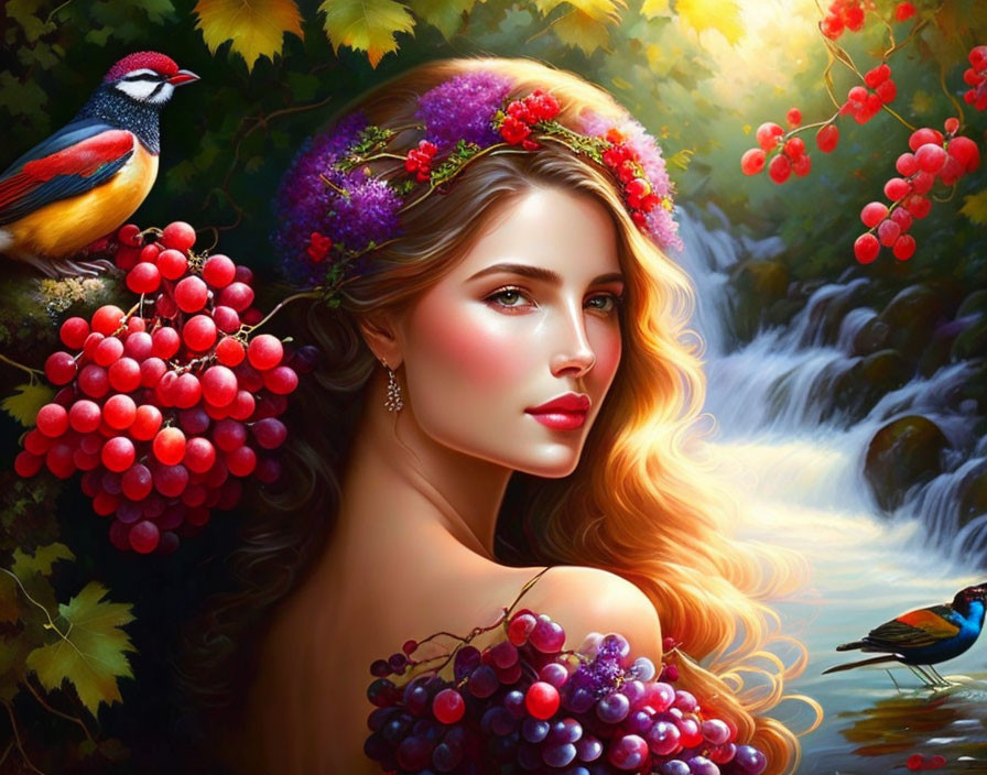 Digital artwork of woman with floral crown and bird by waterfall