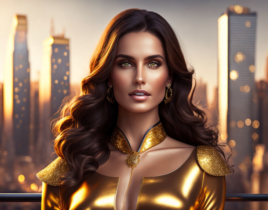 Stylized portrait of woman with green eyes in golden outfit