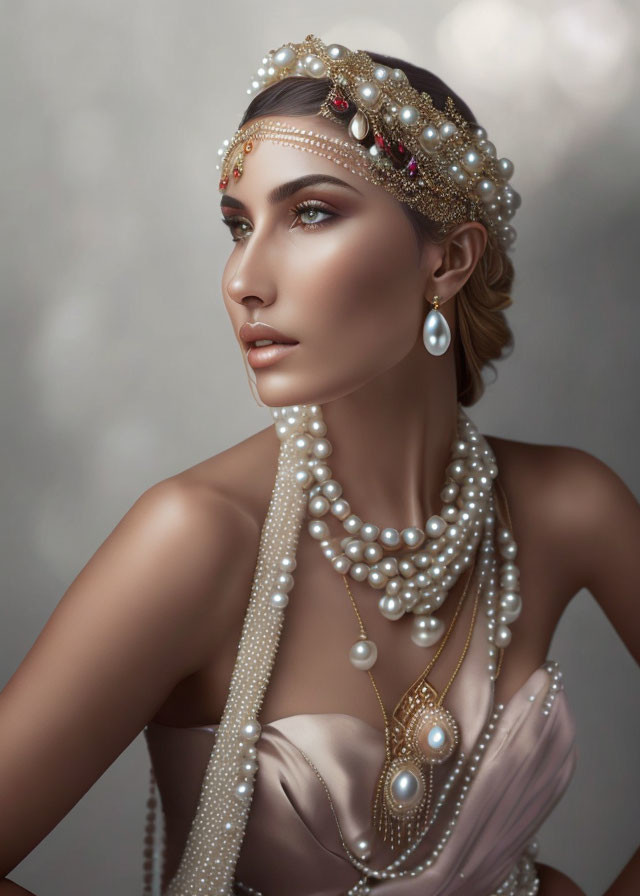 Elegant woman with pearl necklaces and ornate headdress in digital portrait