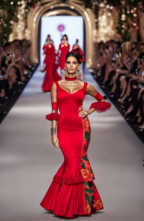 Fashion show: Model in red ruffled dress with floral design and statement jewelry