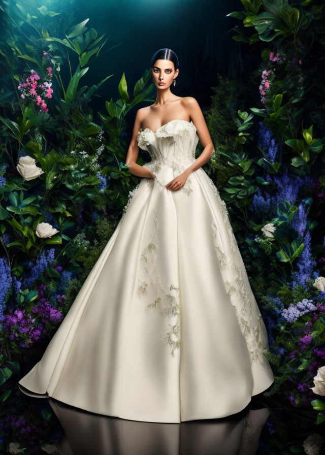 Elegant ivory wedding dress with floral embroidery in lush garden setting