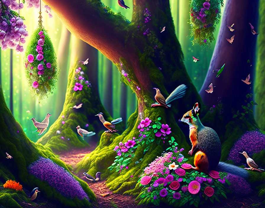 Enchanted forest with vibrant flowers, moss-covered trees, birds, and a fox in a purple