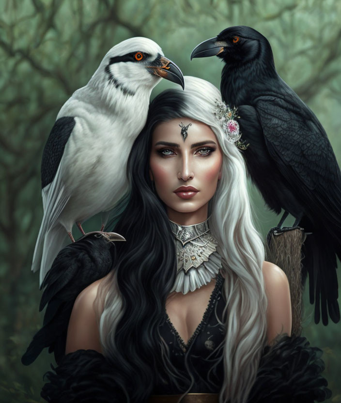 Black and white haired woman with ravens, choker, and headpiece.