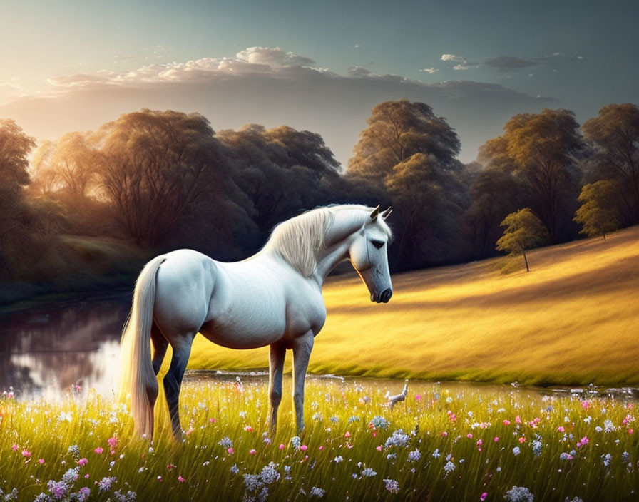 White horse in lush meadow by calm river at sunset