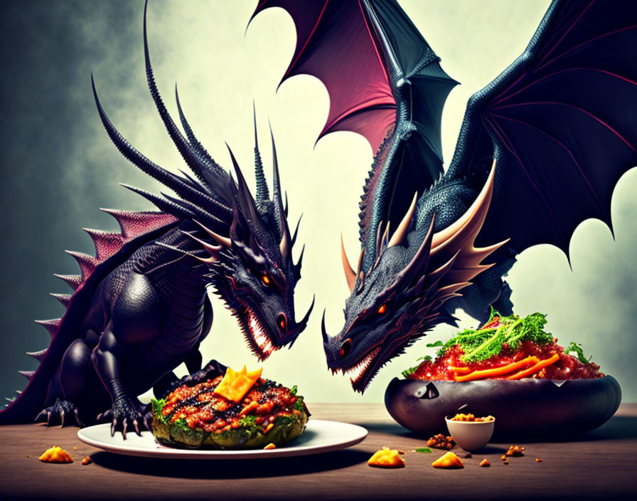 Dragons guarding burger and fries on dramatic background