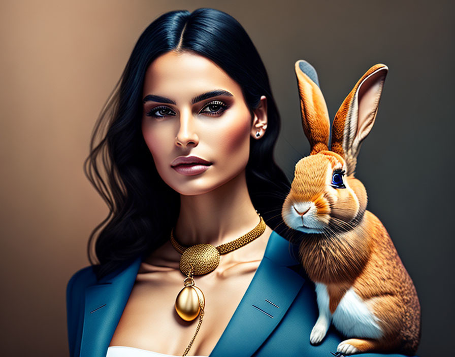 Sleek dark hair woman in blue suit with bold necklace beside brown rabbit illustration