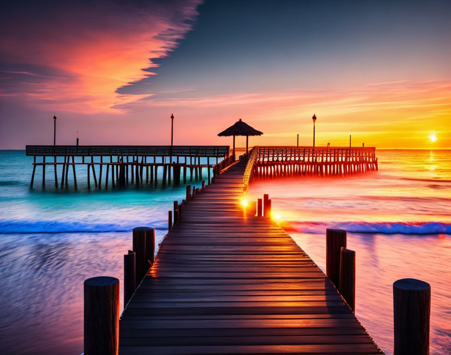 Vibrant sunset over ocean with wooden pier in view