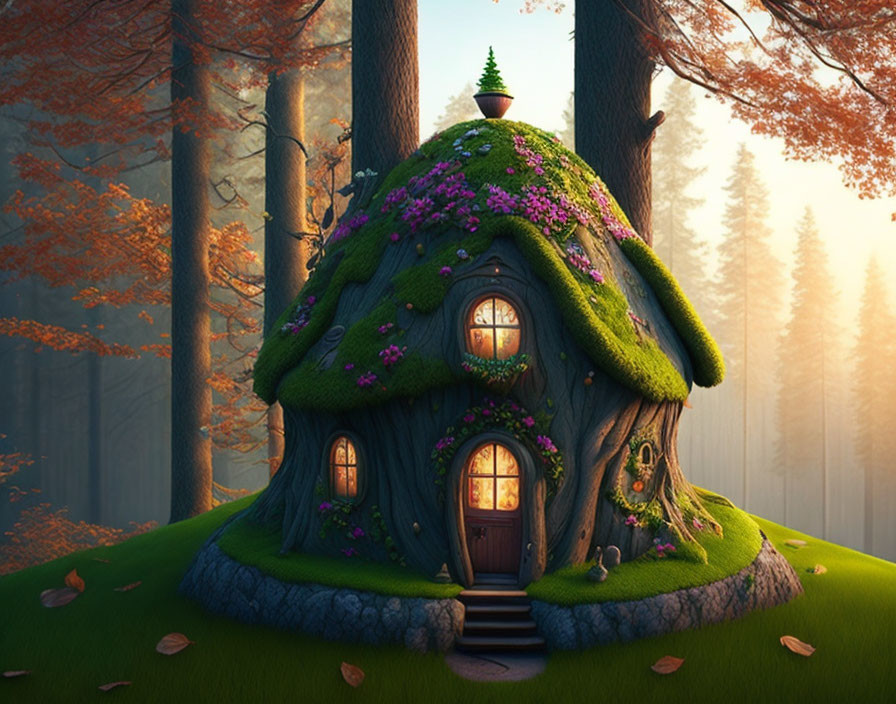 Whimsical house in magical forest with mossy roof & vibrant flowers