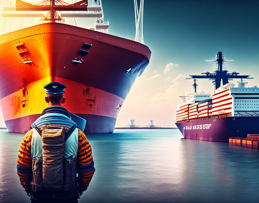 Backpacker overlooking cargo ships in maritime port