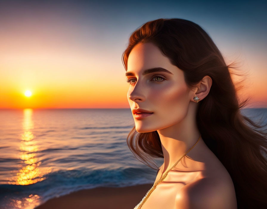 Dark-haired woman with earrings gazing at sunset over ocean