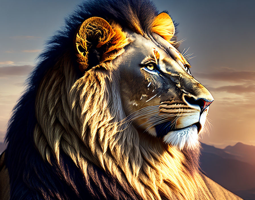 Majestic lion with luxuriant mane and ram's horn spiral at sunset