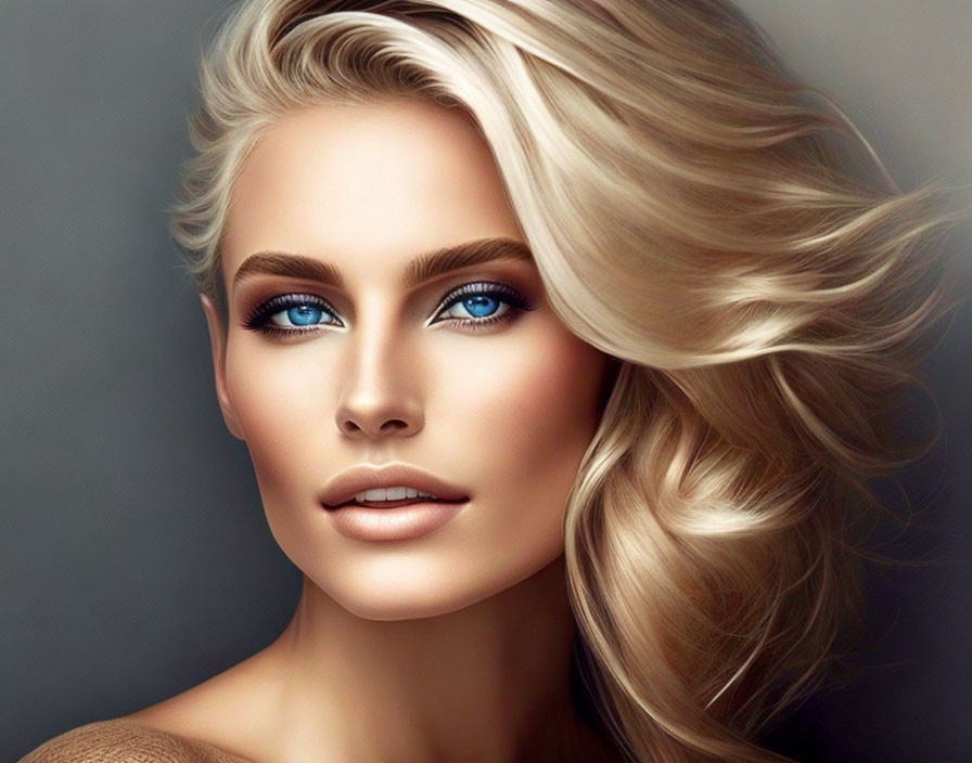 Digital Portrait of Woman with Blonde Hair and Blue Eyes