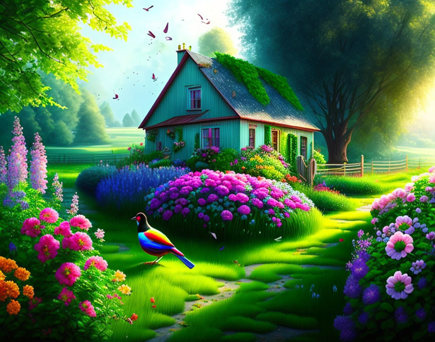 Enchanting cottage with gardens, peacock, and butterflies