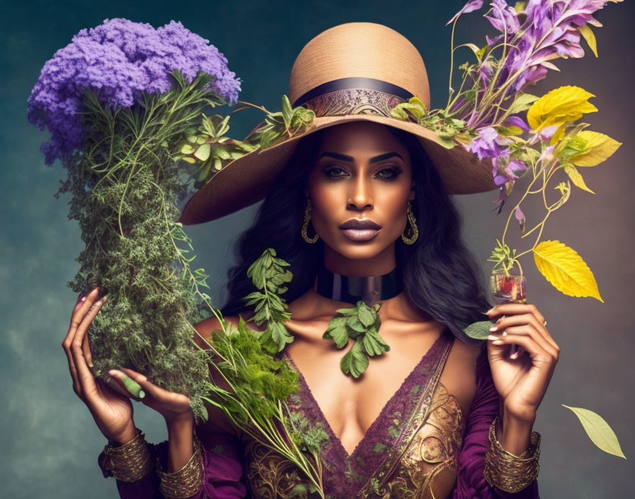 Woman in wide-brimmed hat holding herbs and flower on teal background