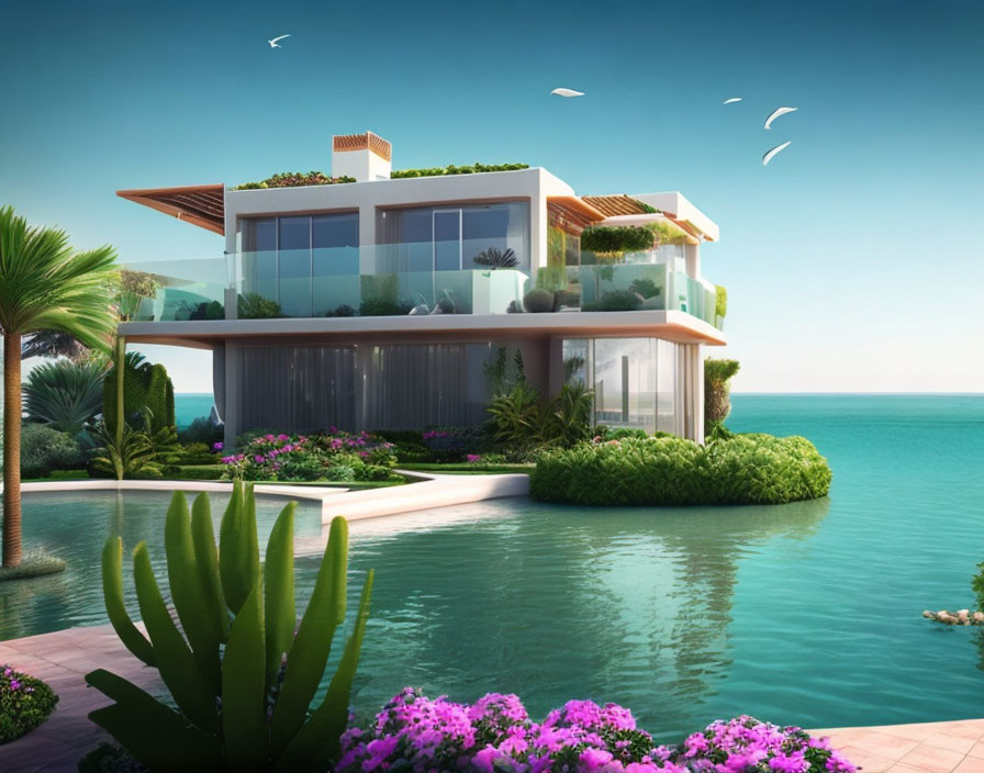 Luxurious modern villa with glass balconies overlooking calm sea and lush greenery