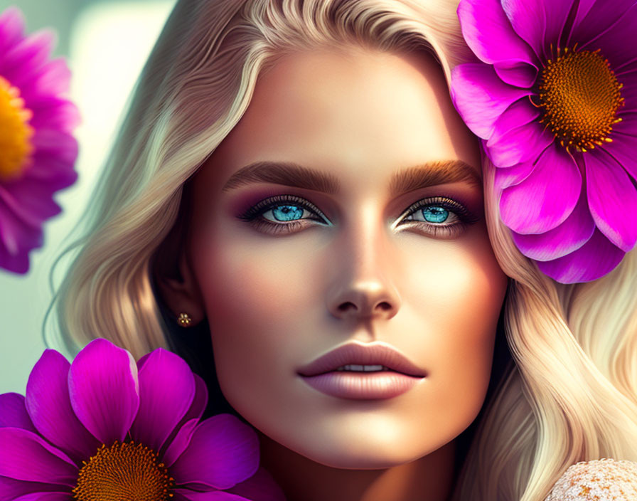 Digital Artwork: Woman with Blue Eyes, Blonde Hair, Purple Flowers