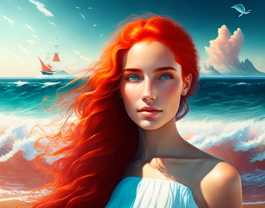 Digital artwork: Woman with red hair, blue eyes, white dress, serene ocean background with ship and