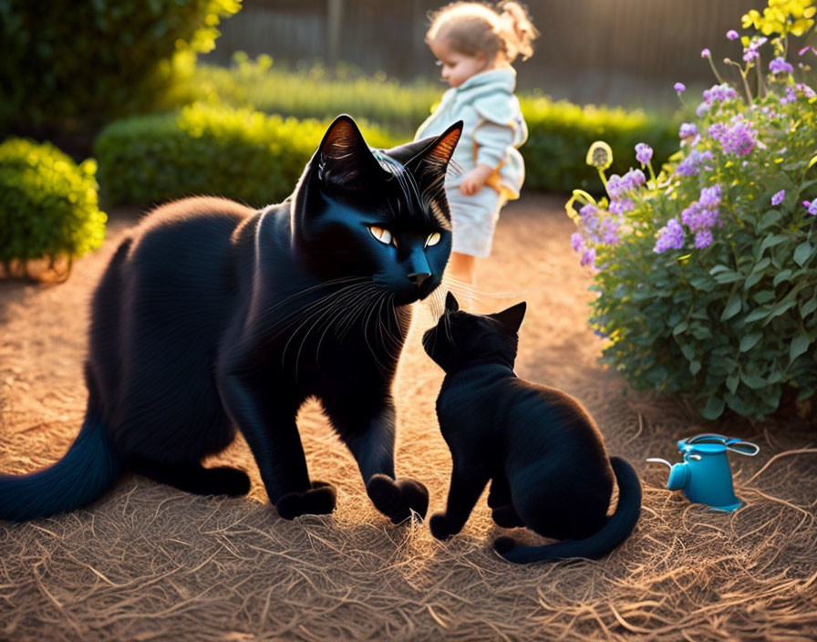 Toddler, giant black cat, blue-eyed kitten, and watering can scene