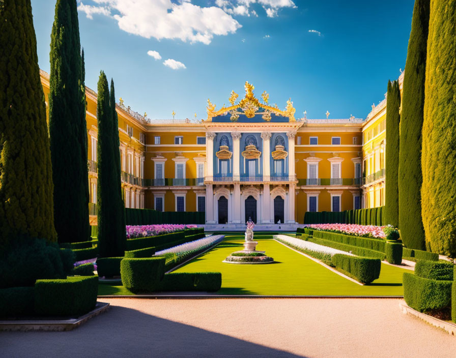 Opulent yellow palace with gilded statues, formal gardens, and fountain