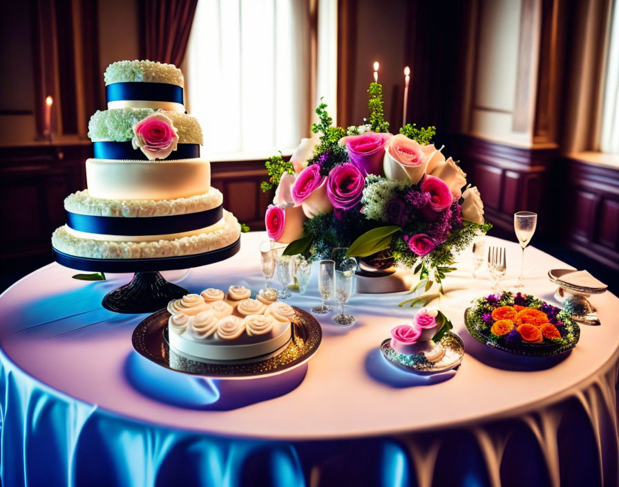 Elegant white wedding cake with pink roses on decorated table