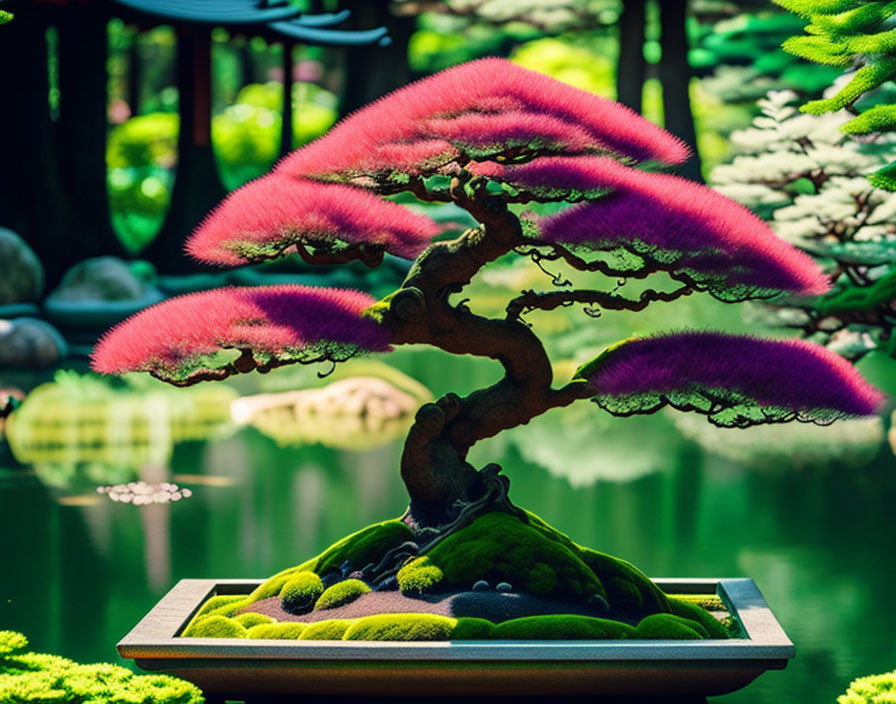 Vibrant pink miniature bonsai tree in serene garden setting