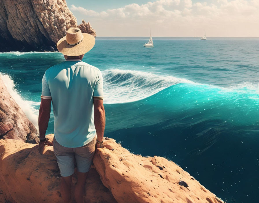 Person in hat gazes at turquoise sea with sailboats from rocky shore