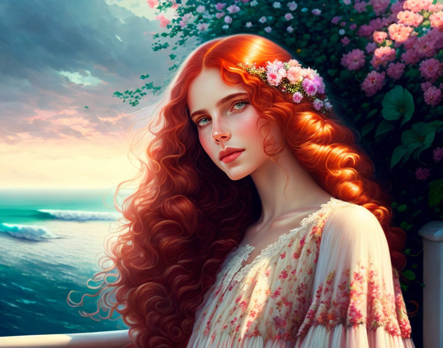 Digital artwork: Woman with red hair, floral crown, contemplative gaze, blossoming bush, serene