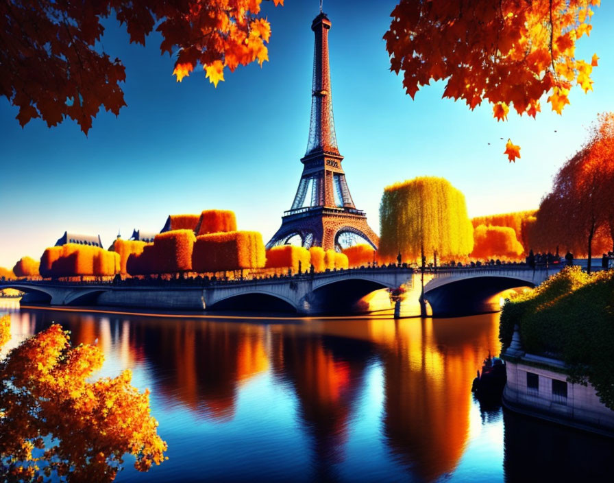 Iconic Eiffel Tower in autumn setting with river and bridge under clear sky