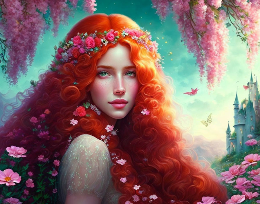 Vibrant red hair woman with floral crown in fantastical digital artwork