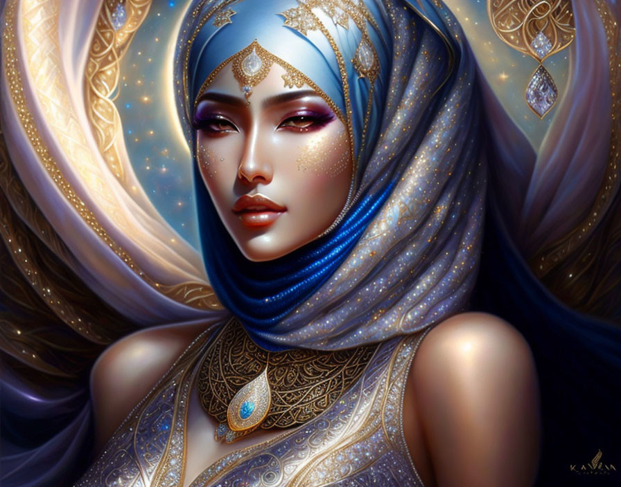 Illustrated woman with blue headscarf, gold jewelry, and intricate face markings.