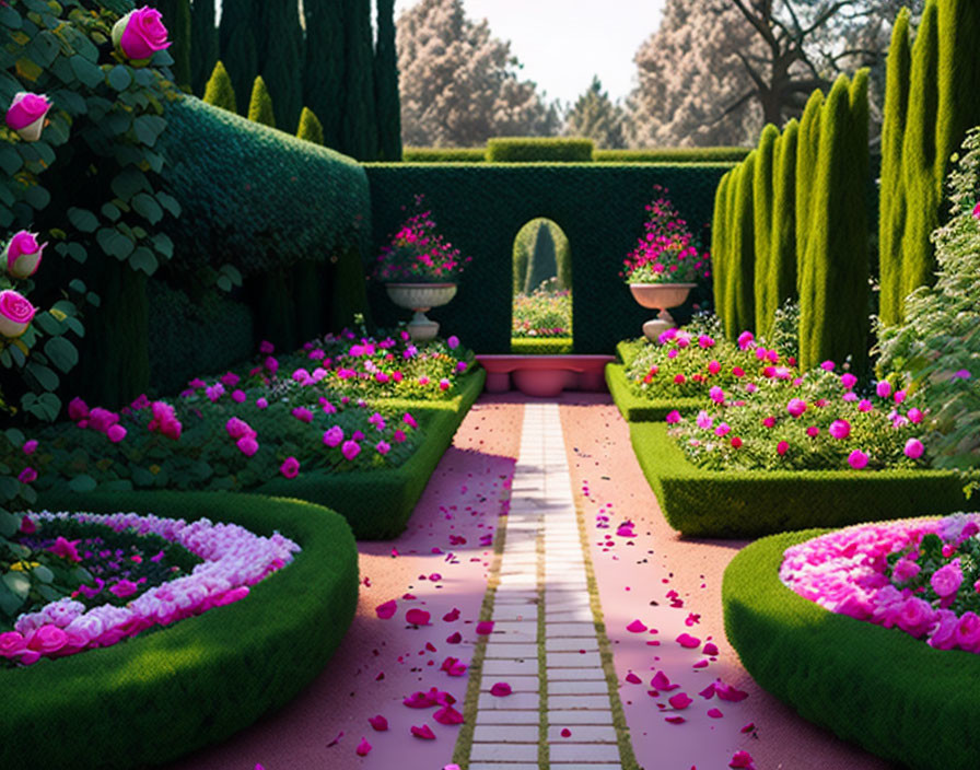 Vibrant pink and white flower garden pathway with hedge walls