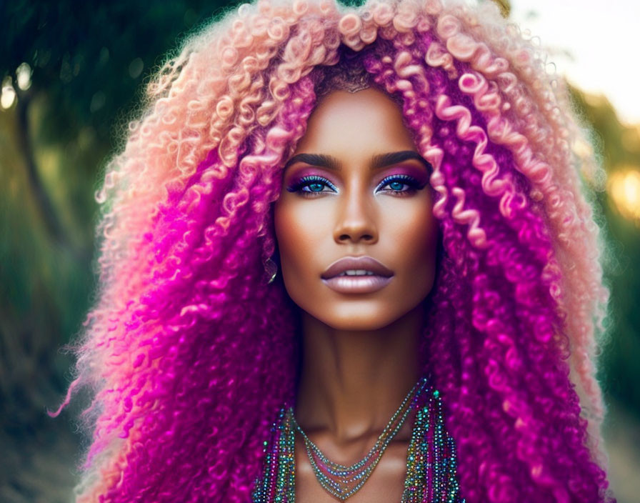 Vibrant portrait of woman with pink and purple curly hair and colorful accessories