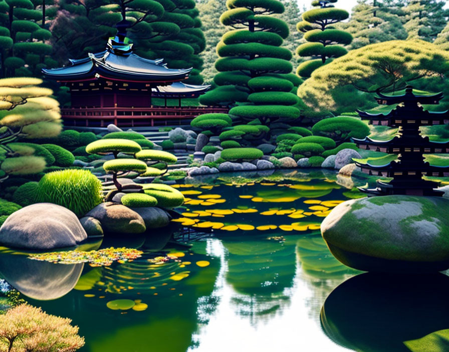 Tranquil Japanese garden with bonsai trees, pagoda, and pond