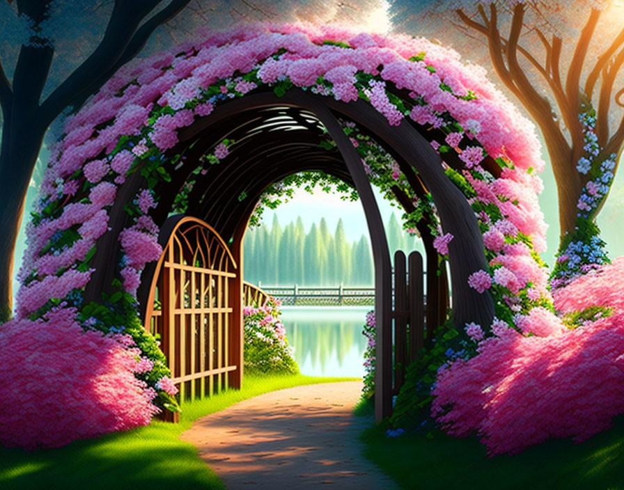 Pink flower-covered garden archway overlooking serene lake surrounded by lush greenery