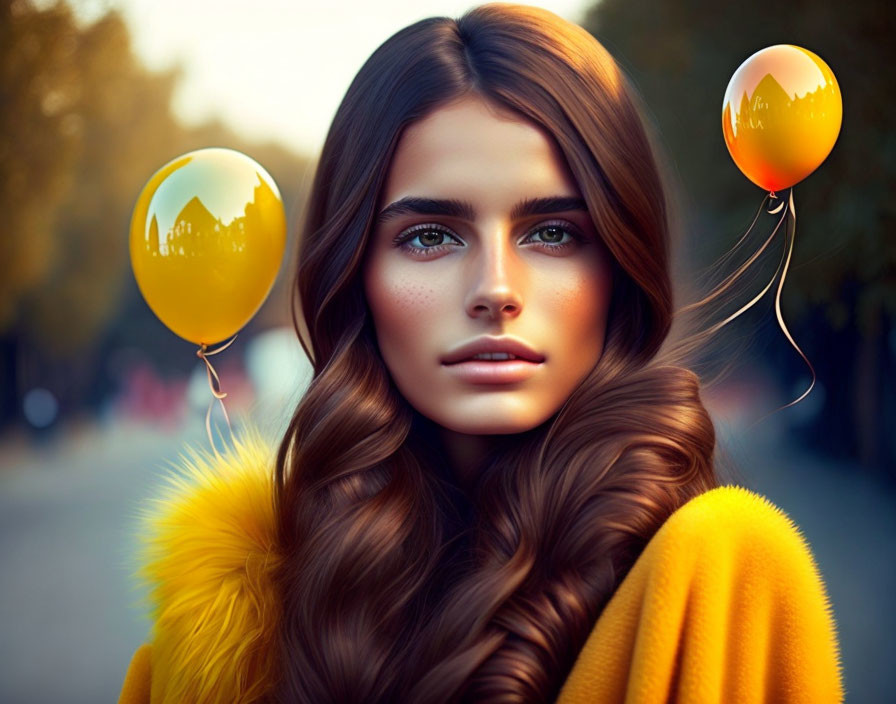 Woman with long wavy hair in yellow fur coat holding orange balloons on autumnal street