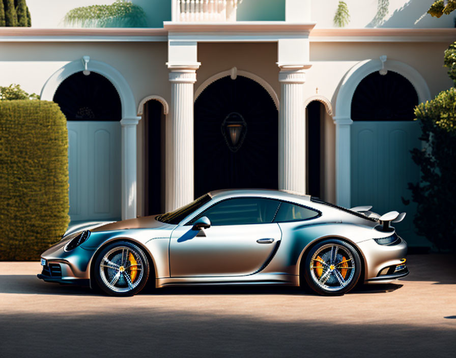 Silver sports car in front of elegant home with archways and manicured hedges