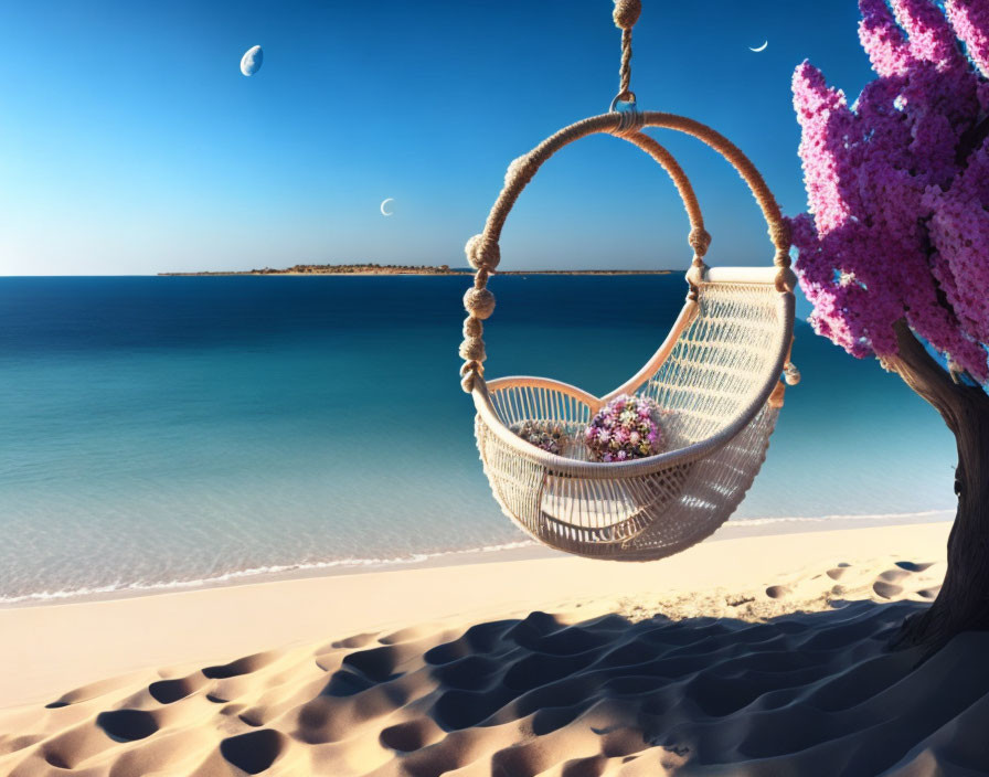 Tranquil beach scene with wicker chair, pink tree, crescent moons