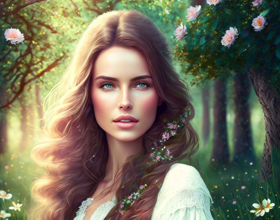 Illustrated woman with flowing hair in whimsical forest setting