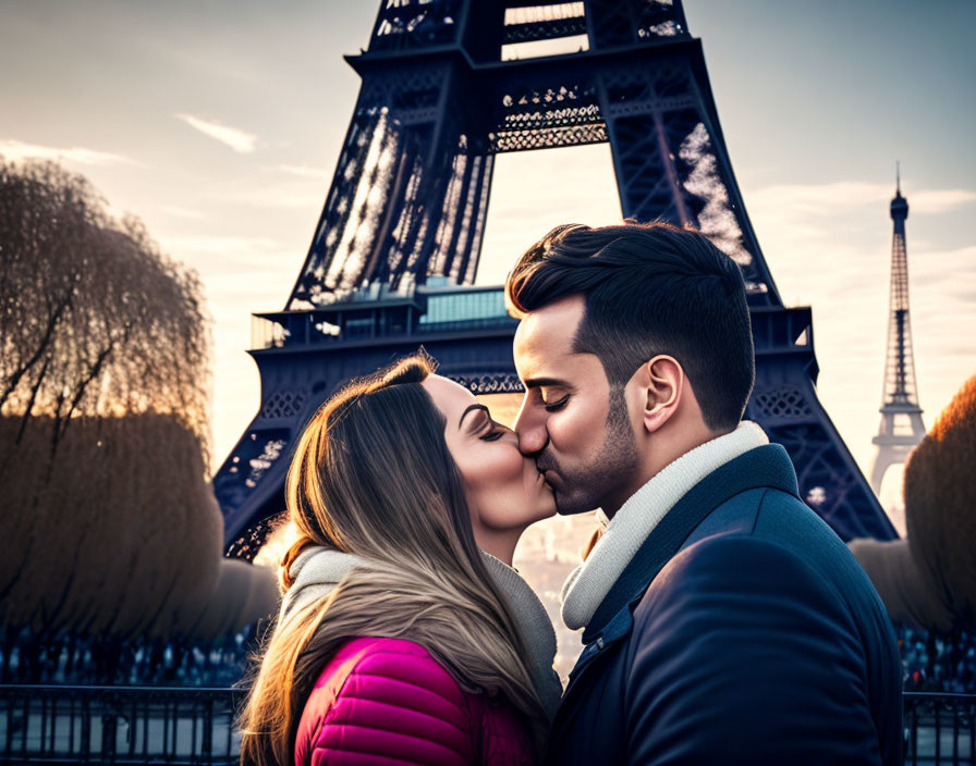 Couple kissing near Eiffel Tower at dusk