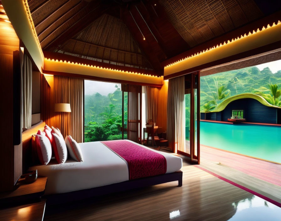 Spacious tropical resort room with large bed and glass windows