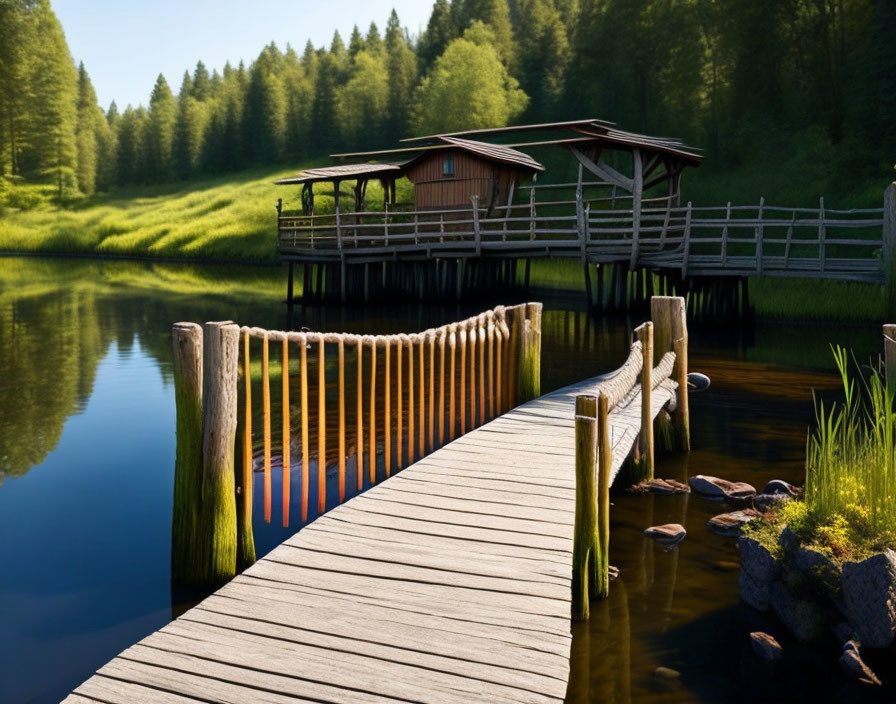 Tranquil wooden pier and boathouse by calm lake