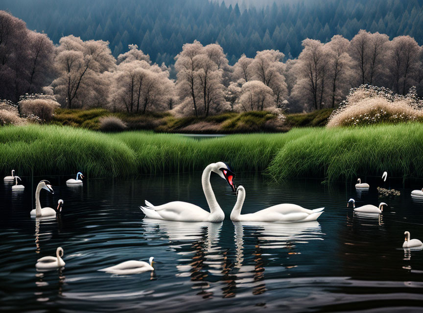 Tranquil lake with swans, lush greenery, and misty backdrop