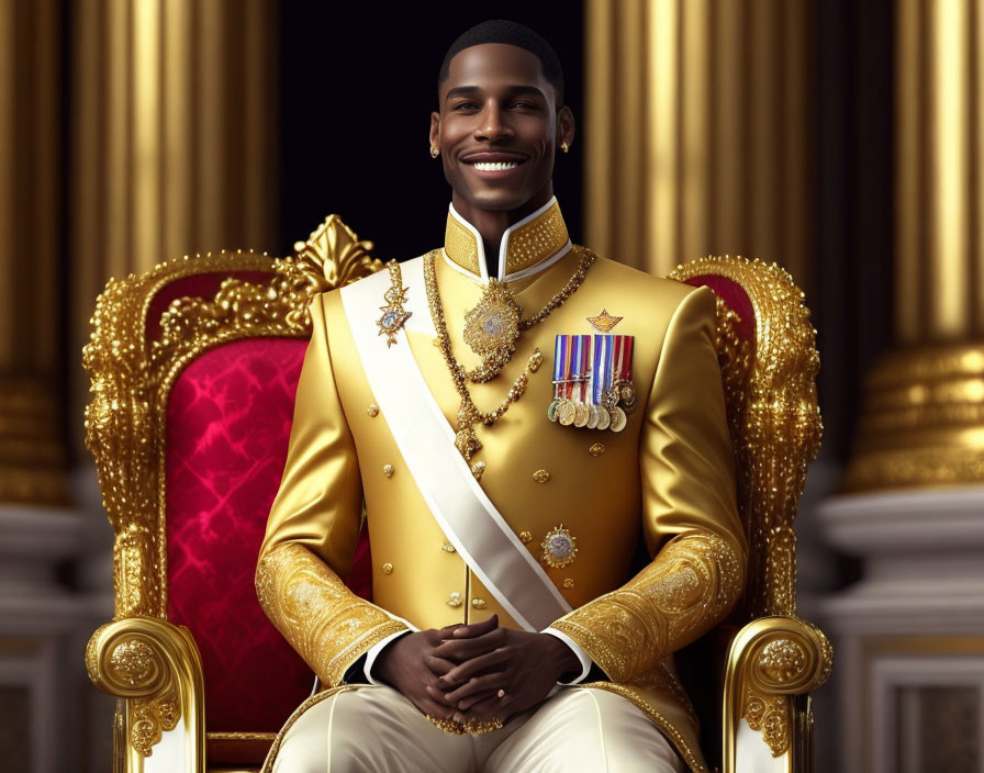 Decorated man in uniform on throne with golden pillars and drapes