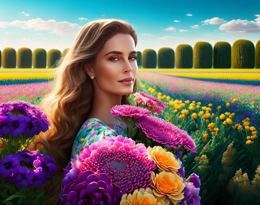 Woman with long hair in vibrant flower field with blue sky